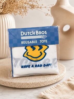 Dutch Bros White Tote with Blue Header and Yellow Smile